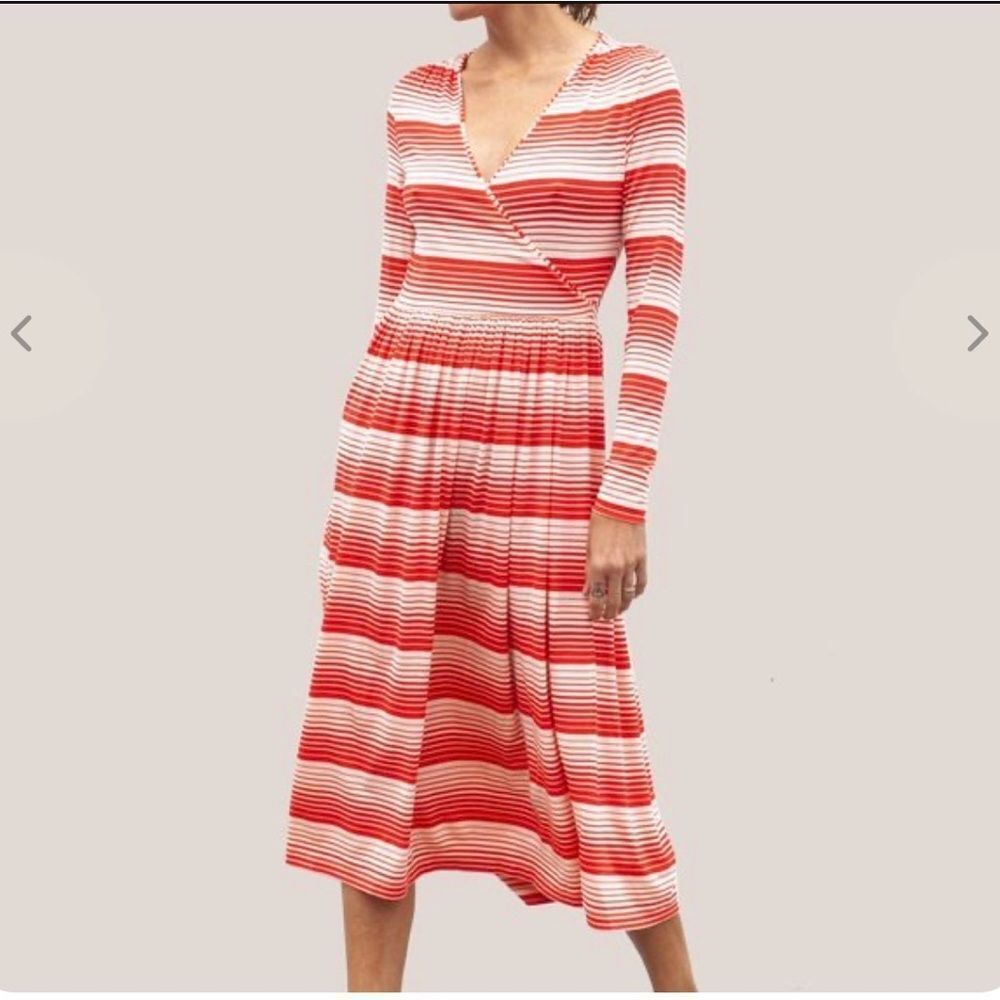 STINE GOYA Alina Red snd Cream Striped Long Sleeve Midi Dress